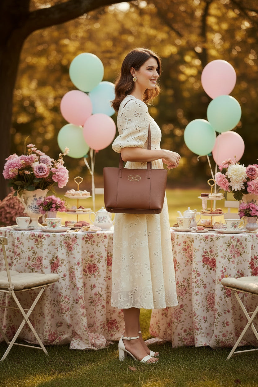 A brown leather tote bag with dual top handles and a gold oval 'BK7 Best Kay' logo on the front, set against a plain white background.