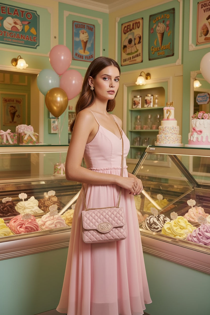 A light pink quilted leather crossbody bag with a gold chain strap and a gold oval metal logo plate on the front flap. The logo plate features the text 'BK7' BEE KAY 7.