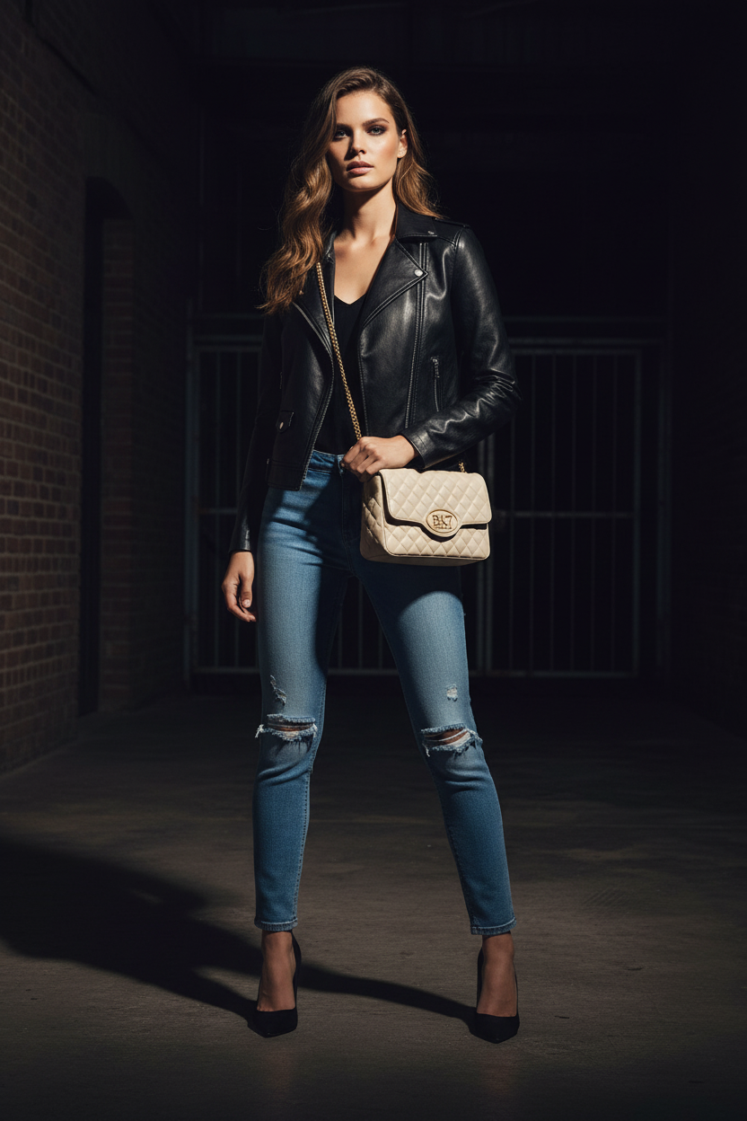 BK7 Model with Purse & Ripped Jeans