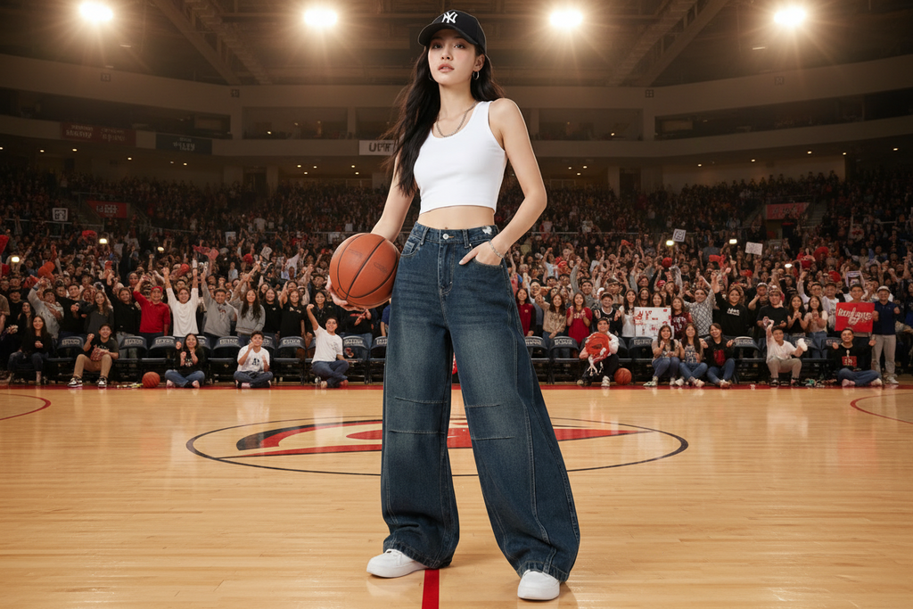 Model wearing barrel fit high rise jeans lifestyle photo