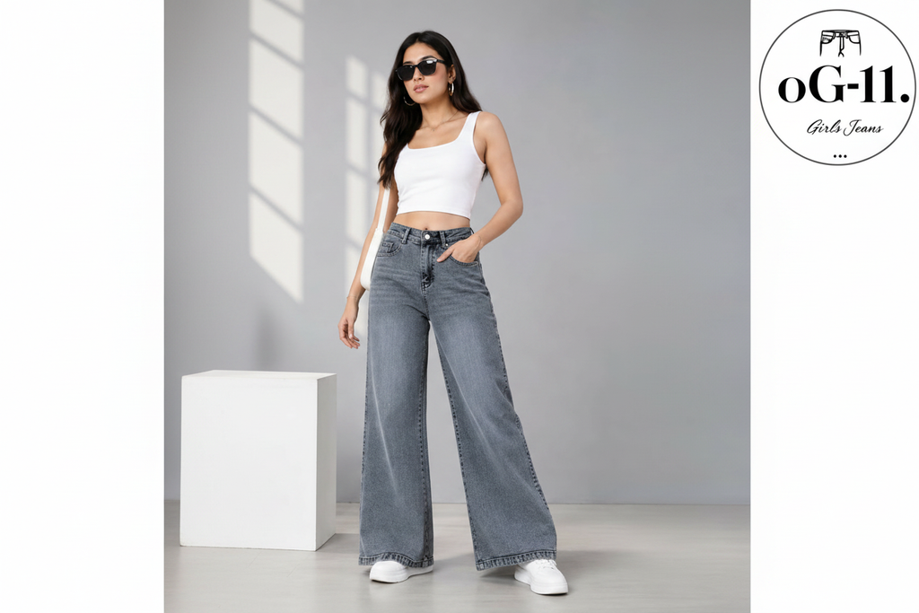 Women's wide leg jeans lifestyle photo grey wash