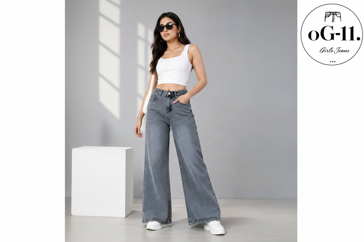 Women's wide leg jeans lifestyle photo grey wash