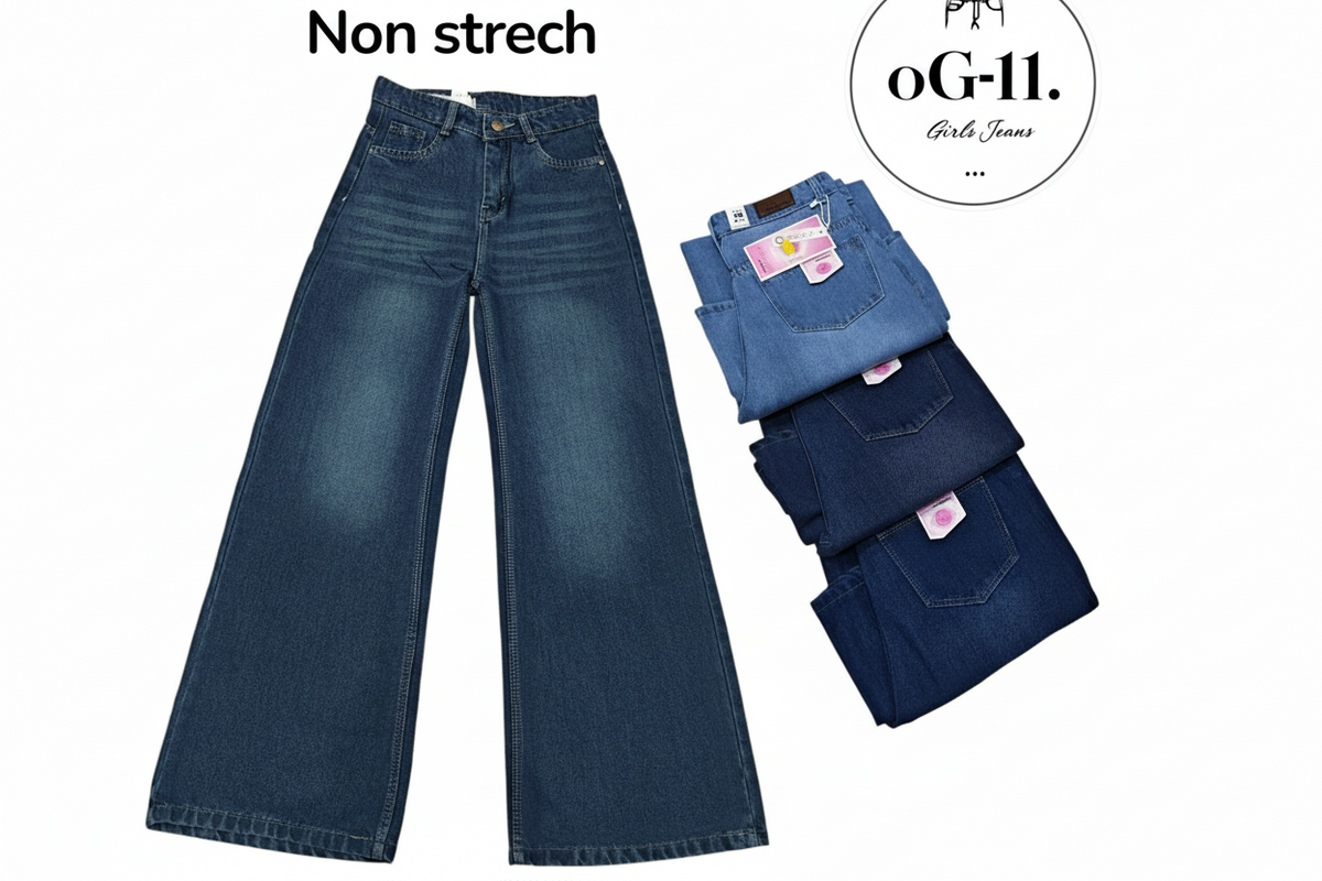 Women's non-stretch wide leg jeans in light blue, navy and dark navy