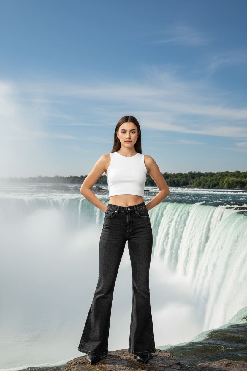 Model wearing women's bootcut jeans in black denim