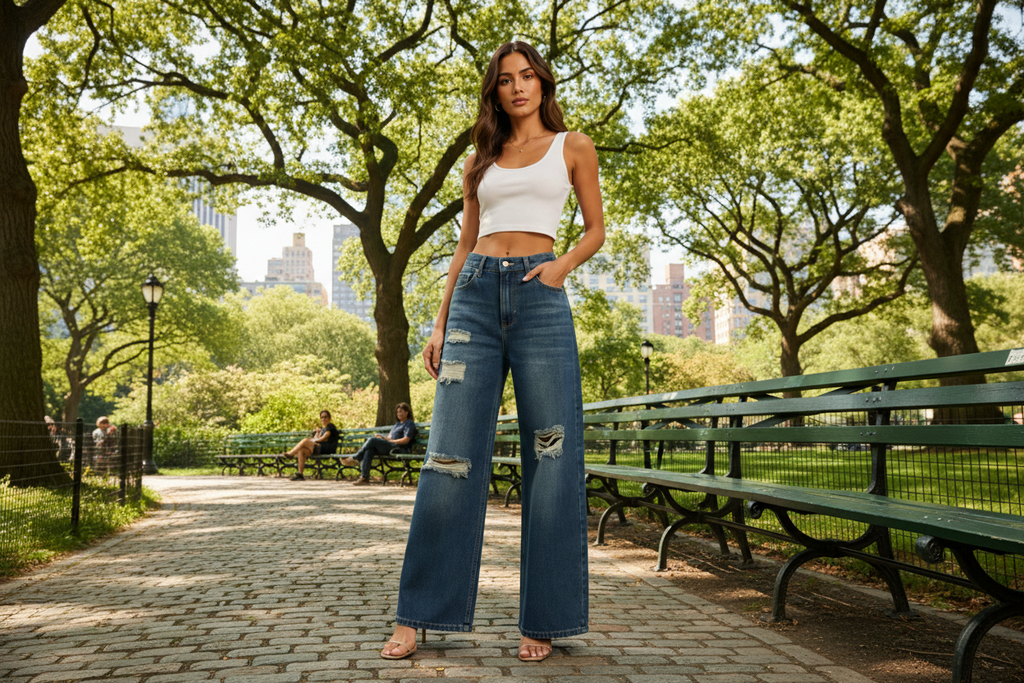Model wearing ripped wide leg jeans in blue denim