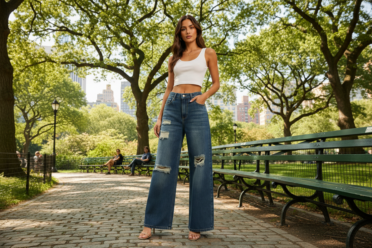 Model wearing ripped wide leg jeans in blue denim